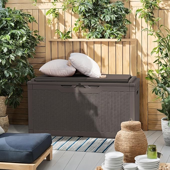 Flamaker Deck Box with Cushion 98 Gallon Waterproof Resin Storage Box with Air Rod Indoor Outdoor Lockable Storage Bench for Patio Furniture, Tools, Pool Accessories (Deep Brown)
