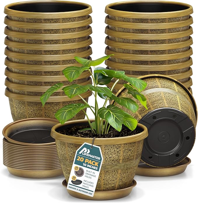 10-Inch Whiskey Barrel Planters Outdoor Pack of 20 - Durable Plastic Plant Pots for Indoor & Outdoor Use with Drainage & Saucer, Lightweight Rustic Barrel Planters for Flowers, Herbs & Small Plants