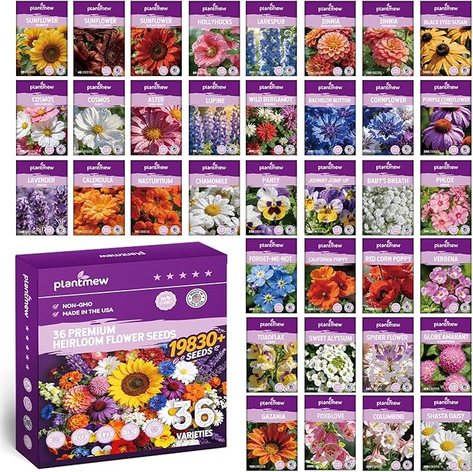 Wildflower Seeds Mix 1/2 lb 36 Varieties Perennial& Annual Flower Seeds Set for Planting，Non-GMO Heirloom Seed, Bulk Wild Flower Seeds for Indoor & Outdoors, Individual Seed Packets for Home Garden