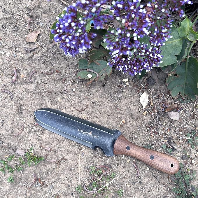 Garden Guru Hori Hori Gardening Knife for Weeding Digging Pruning & Cultivating - Stainless Steel Full Tang Blade Walnut Wood Handle Marks for Measuring Planting Depth Nylon Sheath for Storage (2pack)