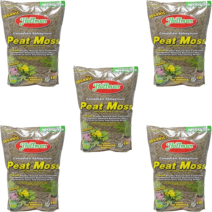 Hoffman Canadian Sphagnum Peat Moss Soil Conditioner to Improve Moisture Retention and Aeration, 10qt Bag, Pack of 5