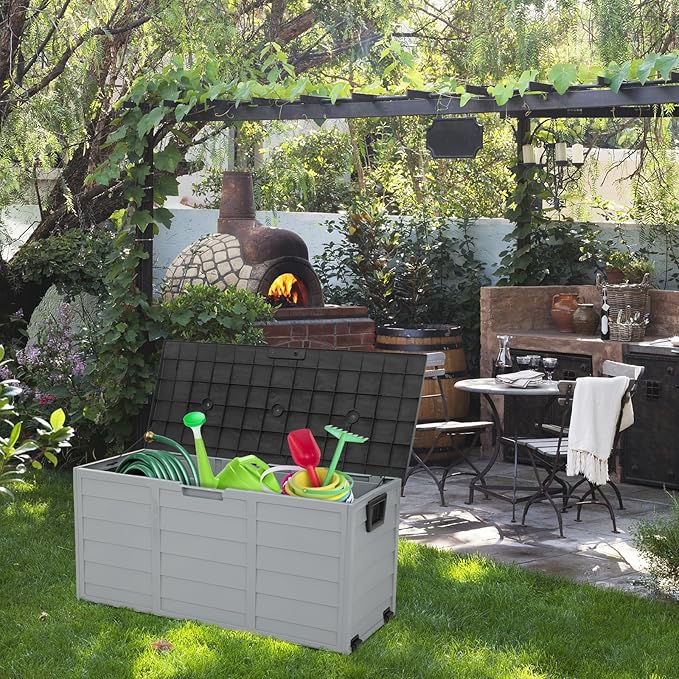 VINGLI 75 Gallon Resin Outdoor Deck Box, 75 Gallon Patio Storage Box with Side Handles, Lockable Storage Containers for Patio Furniture Cushions, Pool Accessories, Garden Tools, Black