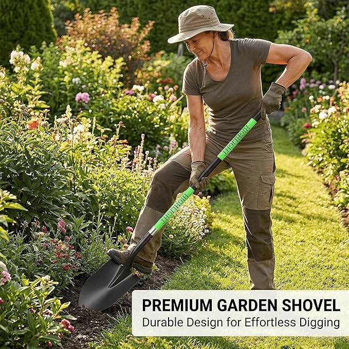 HIGHLIGHT Spade, Heavy Duty Gardening Shovel, Garden Shovel 56 inch for Digging, Round Shovel with D-Handle, for Garden,Beach, Snow, Fiberglass Handle (Green)