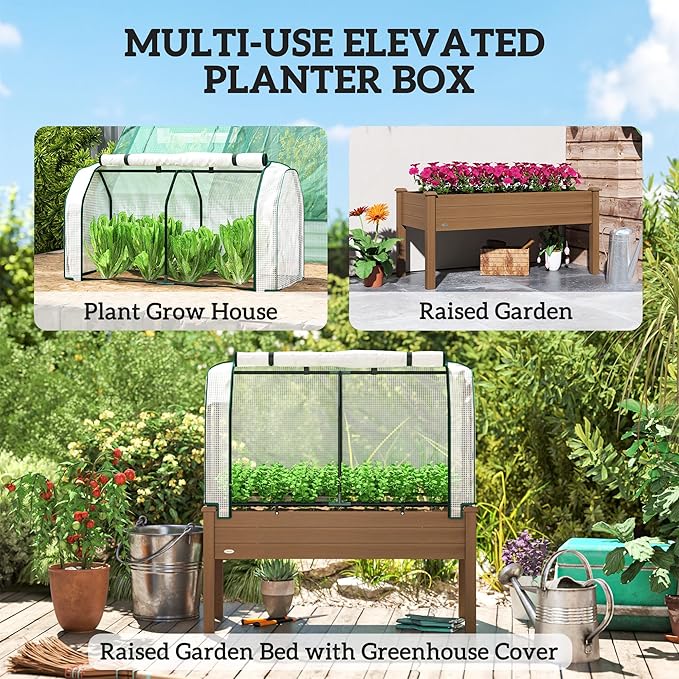 Outsunny Raised Garden Bed with PE Greenhouse Cover Outdoor Elevated Wood Planter Box for Herbs and Vegetables, Use for Patio, Backyard, Balcony, 48 x 22 x 46 inch, Brown