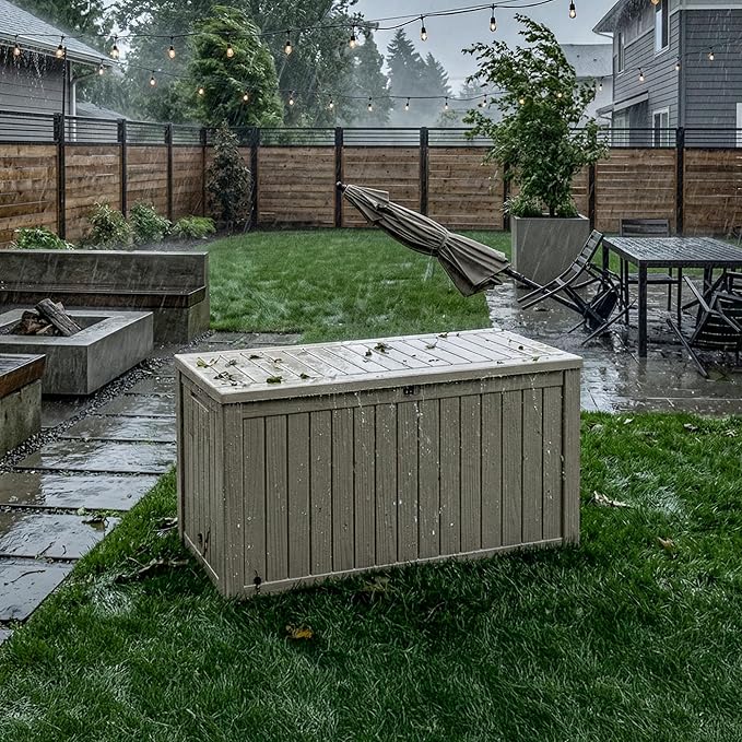 200 Gallon Outdoor Storage Deck Box Waterproof Resin Lockable Outside Bench Porch Patio Furniture Pool Float Garden Tool Cushion UV Resistant Bin Beige