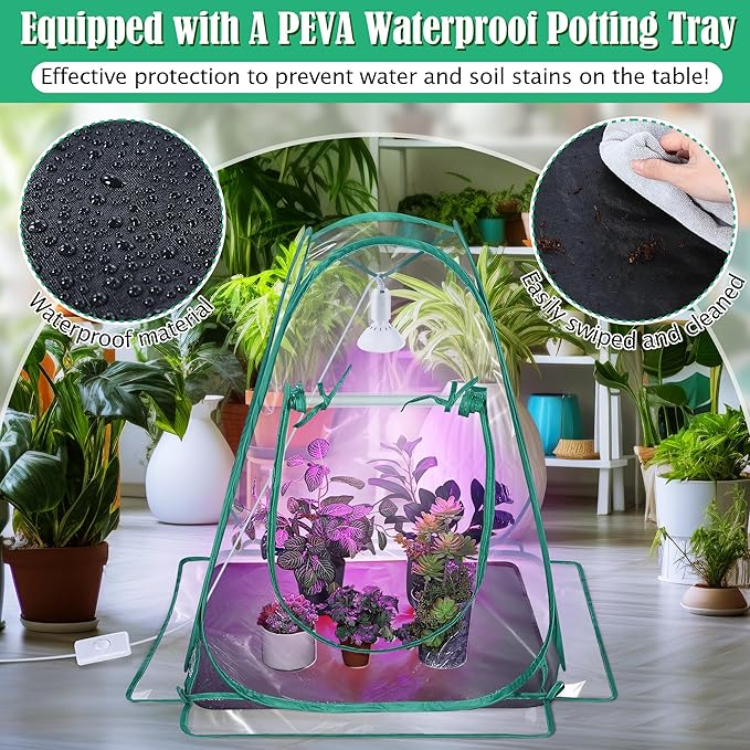 Meonum Small Greenhouse for Indoor Outdoor, Pop Up Mini Greenhouse with 10W 200 LED Grow Light Bulbs, Waterproof Bottom Mat for Indoor Outdoor Plants Seed Starting(27" x 27" x 30")