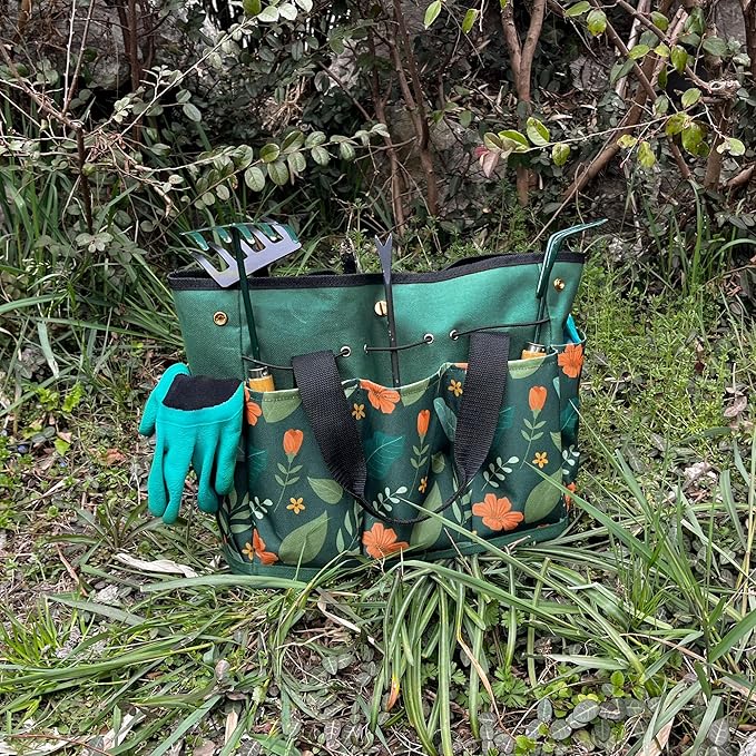Garden Tool Bag, Portable Garden Tote Bag with Handle, Oxford Garden Tool Organizer Bag, Ideal Gardening Gifts for Wife and Parents, Tools Not Included(Green Flower)