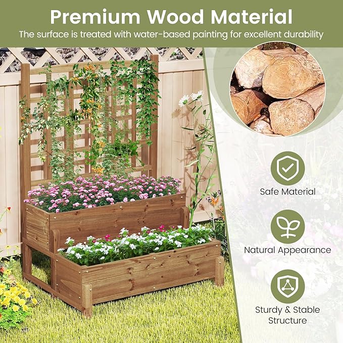 2-Tier Raised Garden Bed with Trellis, Wooden Elevated Planter Box with Legs, Hemp Rope & Drainage Holes, Raised Plant Bed for Backyard, Garden, Lawn