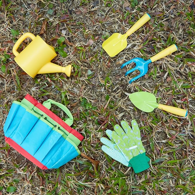 FITNATE Green Kids Garden Tools Set,6 PCS Garden Tools Including Watering Can, Shovel, Rake, Fork, Children Gardening Gloves and Garden Tote Bag, All in One Set