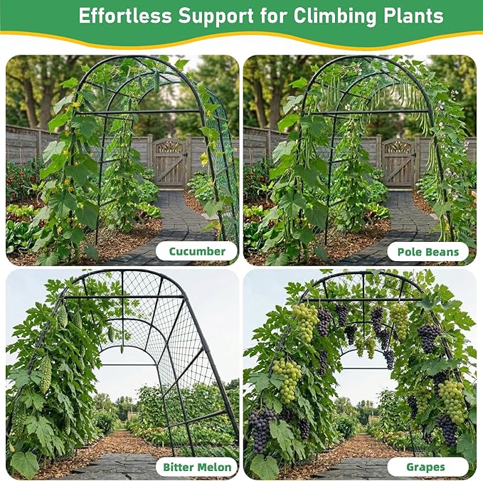 Large Garden Arch Trellis for Pumpkins, Extra Tall Heavy Duty Plant Trellis with Thick Plastic-Coated Steel Tubes, Easy-Connect Assembly, Includes Net, Ties & Gloves for Outdoor Vegetable Gardens