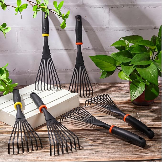 Yaocom 12 Pcs Hand Rakes Garden Tool Mini Heavy Duty Garden Cultivator 11 Inch Small Rake Gardening Hand Tiller with Handle for Digging Weeding Loose Soil(9-Tine Rake,Yellow, Orange)