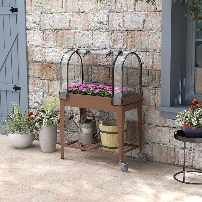 Outsunny Raised Garden Bed with Greenhouse Cover, Large Metal Outdoor Elevated Planter Box with Lockable Wheels, Storage Shelf and Drainage Hole for Vegetables, Flowers, Herbs, Brown