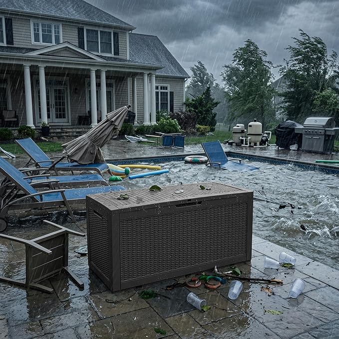 120 Gallon Outdoor Storage Deck Box Waterproof Resin Lockable Outside Bench Porch Patio Furniture Pool Float Garden Tool Cushion UV Resistant Bin Black