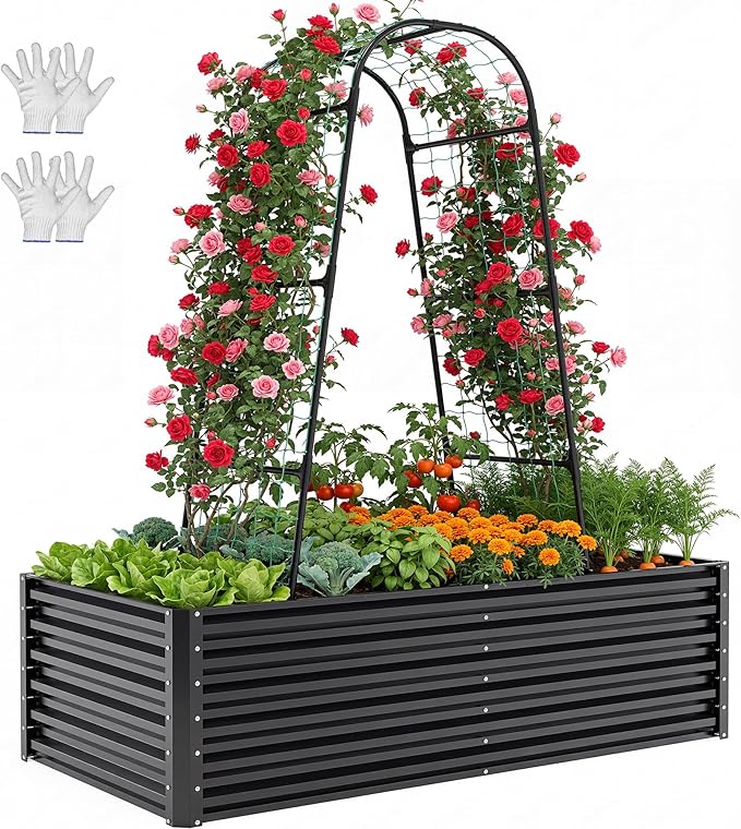 YITAHOME 6x3x2ft Galvanized Raised Garden Bed with Tall Arch Trellis, Galvanized Planter Box with Vertical Netting, Gloves, Support Rod, Outdoor Flower Bed for Plants, Vegetables, Flowers, Black