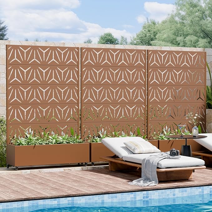 Casaphoria Metal Raised Garden Bed with Trellis and Wheels, 72"x47"x16" Arched Planter Box for Climbing Plants, Vegetables & Vines, Features Drainage Holes and Privacy Screen, Brown-Star