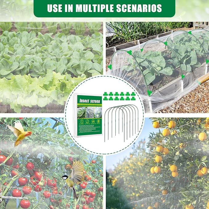 10 X 33 FT Garden Mesh Netting Kit Pest Barrier for Raised Beds, Fruit Tree Netting with 6 Sets Garden Hoops & 12 Clips for Cicadas Bird Insect, Blueberry Bush Netting Cover for Garden Protection
