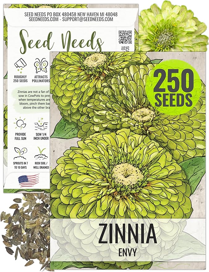 Seed Needs Lime Green Envy Zinnia Seeds for Planting - Heirloom & Open Pollinated Annual Cut Flowers - Grow a Butterfly Garden to Attract Pollinators (1 Pack)