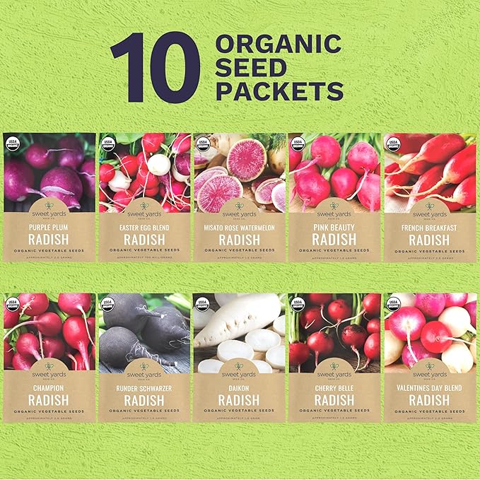 Organic Radish Seeds Variety Pack - 10 Individual Packs - 2026 Season - Pink Beauty, Purple Plum, French Breakfast, Misato Rose and More! for Indoor & Outdoor Planting (Non-GMO, Certified Organic)