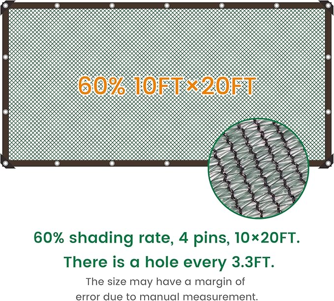 60% 10 X 20 FT Green Shade Cloth, Outdoor Woven Sun Shade with Grommets, Durable Breathable Netting Shading Antifreezing for Patio, Garden, DIY Home, Plants Cover, Greenhouse, Dog Kennel