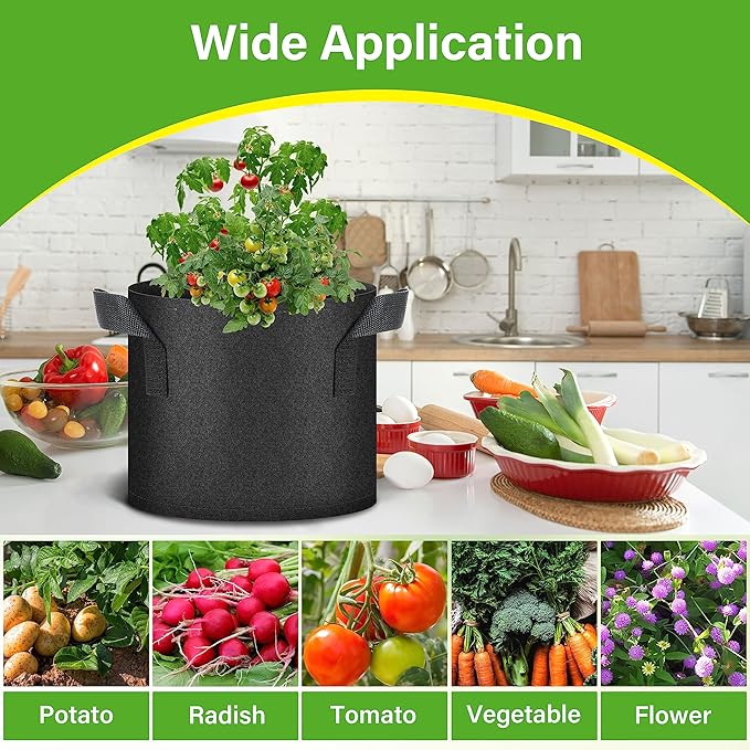 HealSmart 12-Pack 3 Gallon Nonwoven Grow Bags, Aeration Fabric Pots with Handles, Suitable for Garden Fruits, Vegetables and Flowers, Black