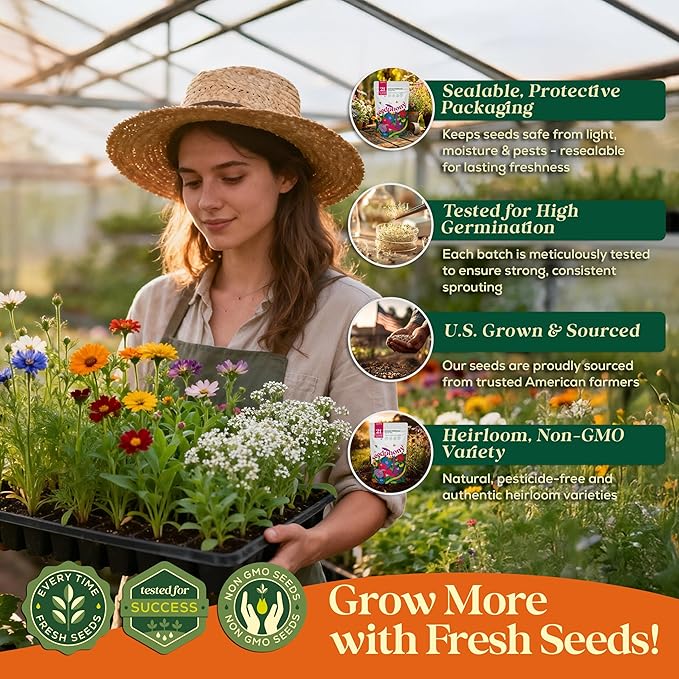 Seedphony 21 Annual Wildflower Mix 4 oz - 100,000 Non-GMO Heirloom Wildflower Seeds for Planting Garden, Wild Flowers in Waterproof Seed Packet, Wild Flowers to Attract Bees, Butterflies & Birds