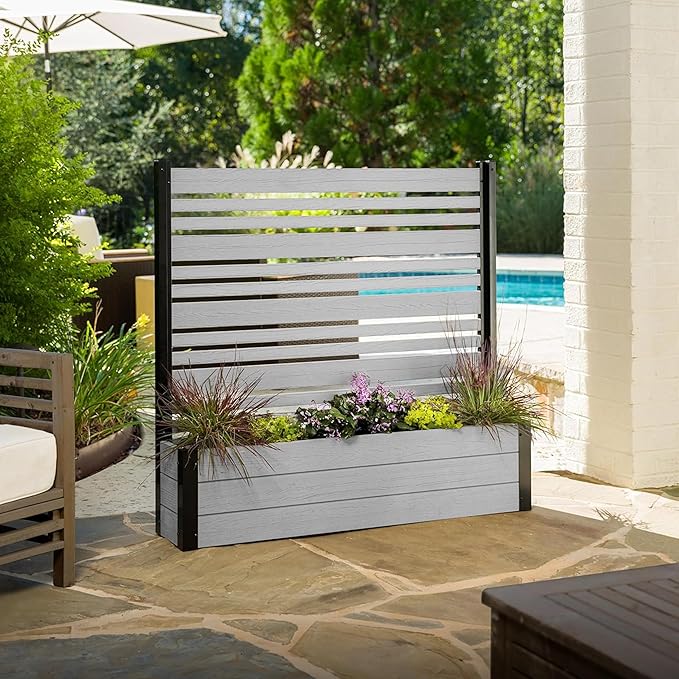 44in H x 46in W x 9.5in L (1 Screen w/Planter) Freestanding Enclo Florence Privacy Fence Screen with Planter Box, Outdoor Vinyl Privacy Screen Panel for Patio & Air Conditioner, EC18007
