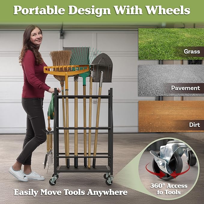 Garage Garden Tool Organizer with Wheels - Yard Tool Storage Rack with 28 Slots for Long Handles, 10 Hooks, 2 Cord Wrappers, and Locking Wheels - Shed or Garage Organization by Pure Garden