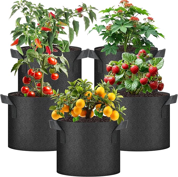 HealSmart Plant Grow Bags 5 Gallon, Tomoato Planter Pots 5-Pack with Handles, Aeration Nonwoven Fabric, Heavy Duty Gardening Planter for Vegetable, Herbs and Flowers, Black