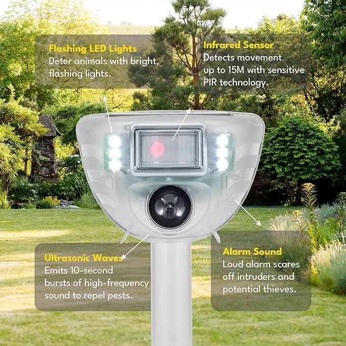 Solar Ultrasonic Animal Repeller with Motion Sensor – Outdoor Waterproof Pest Deterrent for Birds, Cats, Squirrels, Deer – Adjustable Frequencies, Flashing LED, Alarm & Bluetooth App Control