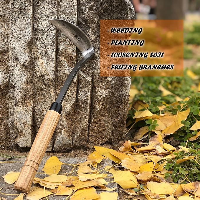 Grass Sickle Japanese Weeding Hoe Garden Hand Tool Weeding Tools for Garden High-Strength Steel with Solid Wood Handle (Grey)