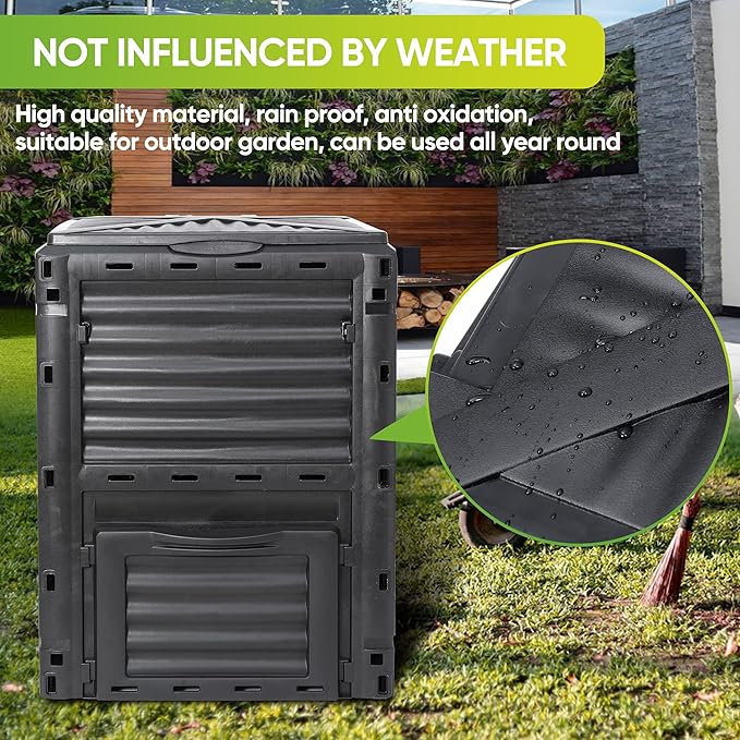 JupiterForce Garden Compost Bin 80 Gallon (300 L) from BPA Free Material, Large Composting Bin Outdoor Composter with Gloves, Easy Assembling, Fast Creation of Fertile Soil, Lightweight, Black