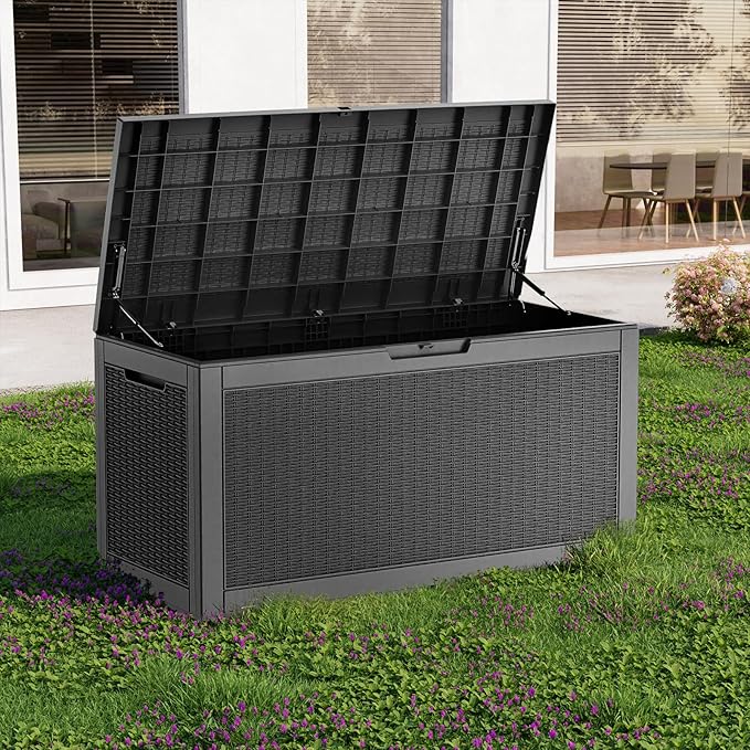 120 Gallon Resin Deck Box Outdoor Storage Box Waterproof for Patio Furniture,Outdoor Cushions,Garden Tools and Pool Supplies（Black）