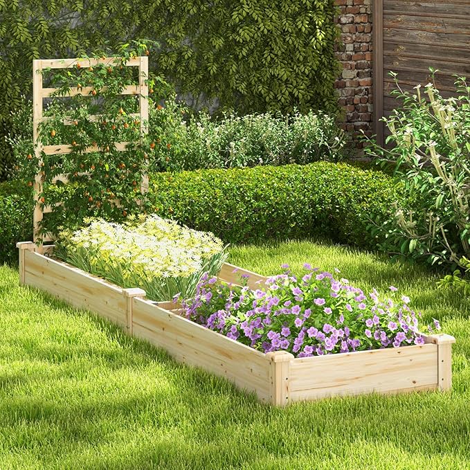 HAPPYGRILL Raised Garden Bed with Trellis, Wooden Garden Box with Divided Space for Vegetables, Flowers, Fruits, Climbing Plants, Outdoor Elevated Planter Box for Yard Patio, 93”L x 25”W x 40”H
