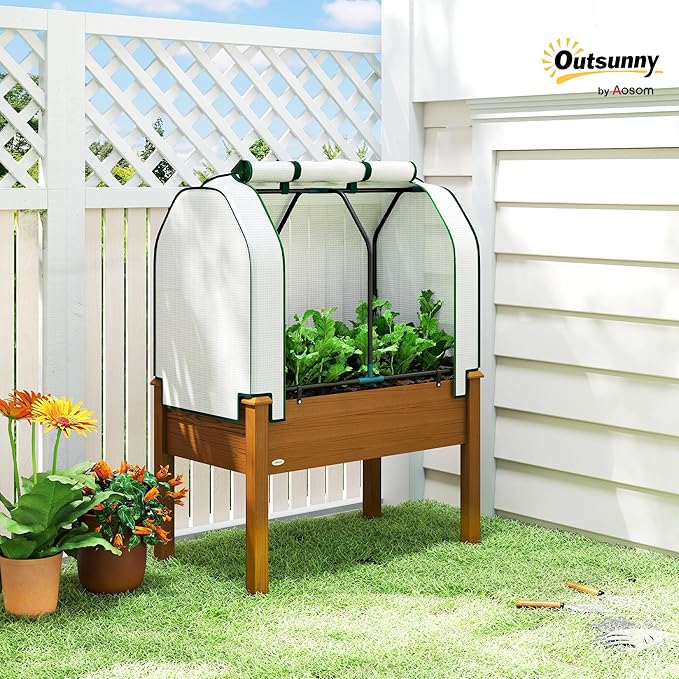 Outsunny Raised Garden Bed with PE Greenhouse Cover Outdoor Elevated Wood Planter Box for Herbs and Vegetables, Use for Patio, Backyard, Balcony, 35 x 22 x 47 inch, Brown