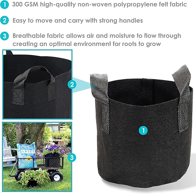 Sunnydaze 10-Pack of 5-Gallon Garden Grow Bags for Vegetables - Black 300 GSM Non-Woven Polypropylene Felt Fabric Flower Pots and Planters with Handles - Gardening Containers