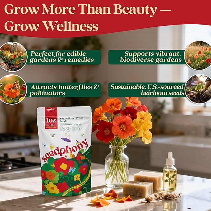 Nasturtium Seeds Pack 1 oz Non-GMO Heirloom Nasturtium Seeds for Planting, Perennial Flowers in Waterproof Seed Packet, Wildflower Seeds for Planting Garden Indoor & Outdoor Gardening