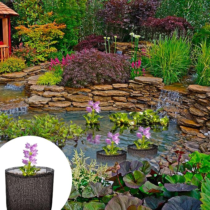EBaokuup 4 Pcs Aquatic Pond Planting Bags-7" Reusable Mesh Water Garden Pond Plant Pot-Breathable Black Square Lily Plant Pots for Pond Bog Plant Garden Terrestrial Plant