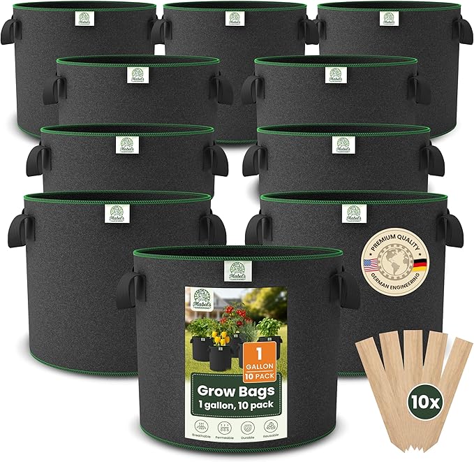 Mabel's Gardening 10-Pack 1 Gallon Grow Bags - Garden Planting Bags 7.1 x 5.9 INCH Made of 8.85 oz/yd² (300g/m²) Felt & Fleece Fabric Plant Pot, Plant Bag, Grow Bag for Basil Oregano Tomato