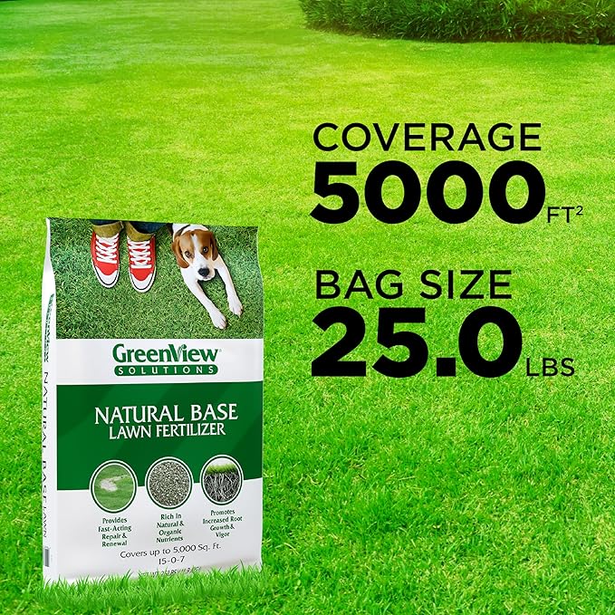 GreenView Solutions Natural Base Lawn Fertilizer – Rich in Natural & Organic nutrients This Slow-Release Fertilizer Provides Fast-Acting Repair and Renewal, 25 lb. - Covers 5,000 sq. ft.