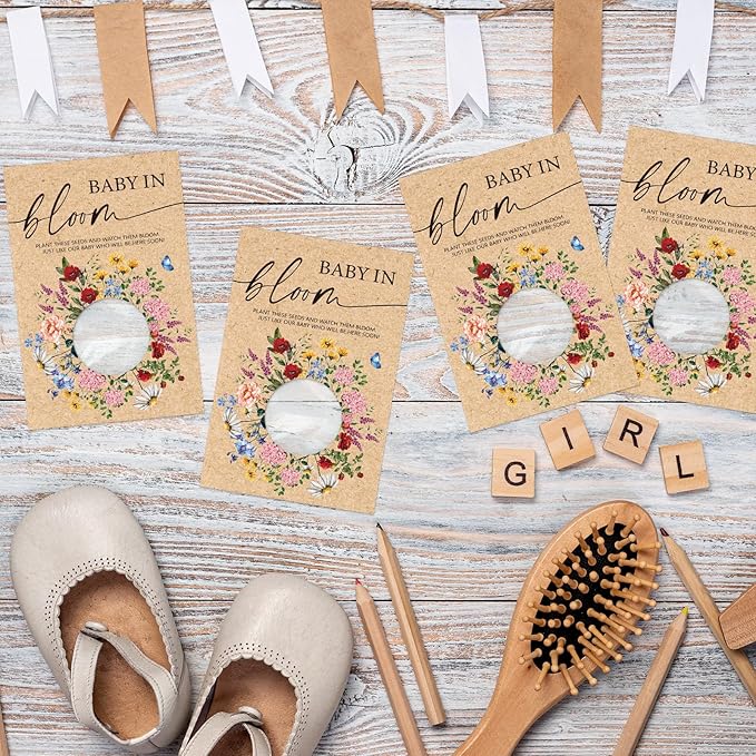 50Pcs Wildflower Seed Packets Baby in Bloom Kraft Envelopes with Window Resealable Rustic Floral Seed Storage Pockets for Garden Office Party Favors Supplies, 2.8 x 3.9 inch