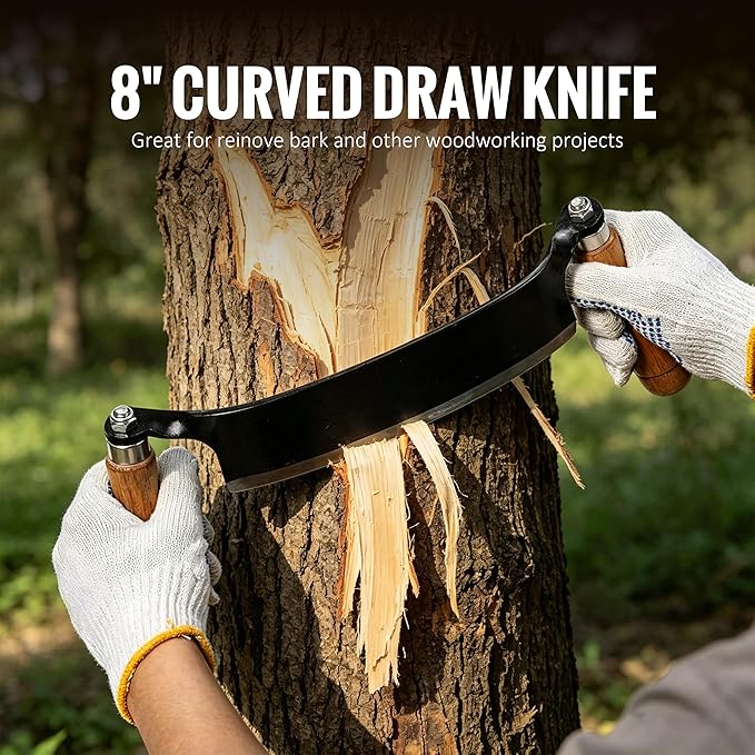 8'' Draw Knife Woodworking Curved Debarking Tool with Ergonomic Handle, 1095 High Carbon Steel Blade, Durable & Sharp, for Tree Pruning, Woodworking, and Bark Stripping