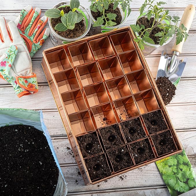 Kings County Tools Seed Starter Tray - Copper Metal Seedling Tray with 24 Tapered Plant Starter Pots for Planting Seeds-Germination Kit for Sprouting - Greenhouse Accessories and Gardening Gifts
