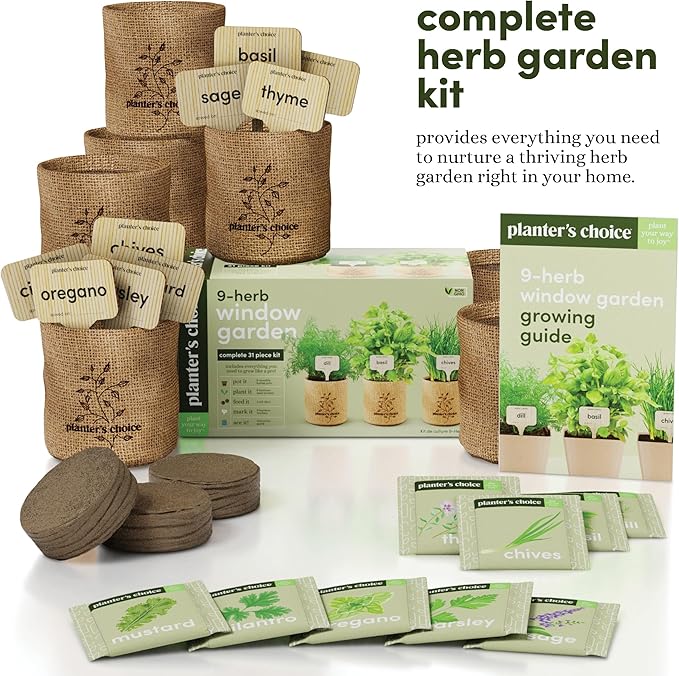 Planters' Choice 9 Herb Indoor Window Garden Kit - House Plants Seeds - Best Unique Easter Gift Ideas for Women, Mom, Friend, Her, Birthday, Housewarming, Mother - New Home Kitchen Gifts