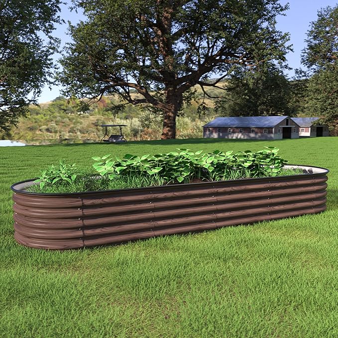 VEIKOU 8X2FT Wood Grain Raised Garden Bed, 17’’H Metal Galvanized Raised Garden Bed with Bottomless Design, 9 in 1 Raised Garden Bed Kit, Modular Raised Planter Box for Plants, Rustic