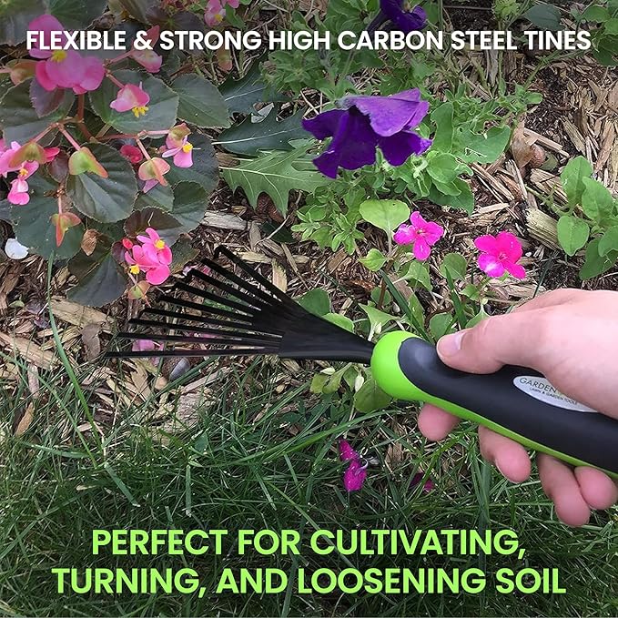 Garden Guru Hand Rake Soil Tiller Tool with Ergonomic Handle – Strong Carbon Steel - Rust Resistant – Great for Gardening, Cultivating, Loosening Soil & Spreading Mulch, Raking Flower Beds