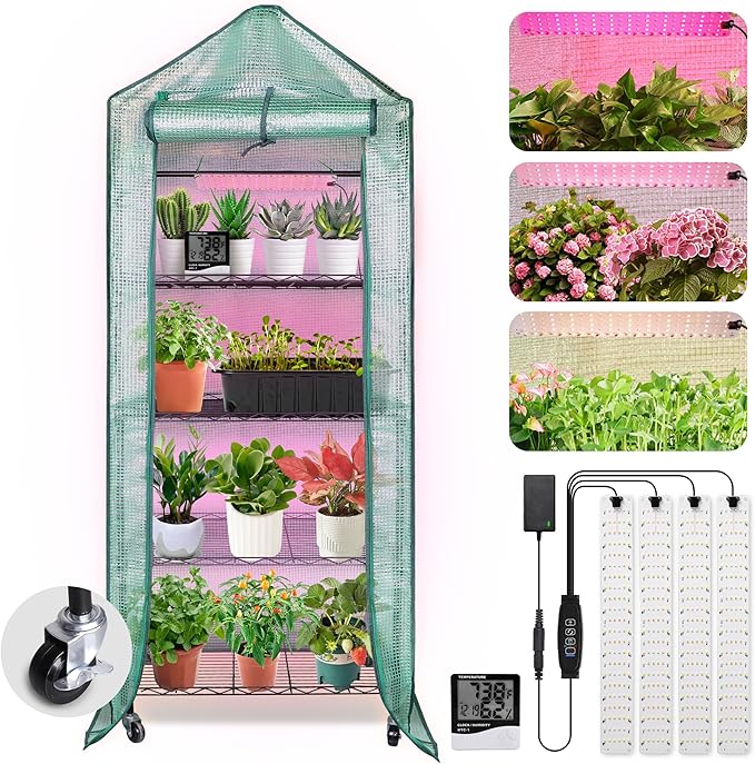 Mini Indoor Greenhouse with Grow Light, Portable 4-Tier Plant Stand with PVC Cover, Adjustable Shelves & Thermohygrometer for Seed Starting & Plant Growth, 70 x 23 x 19'', 32W Grow Light