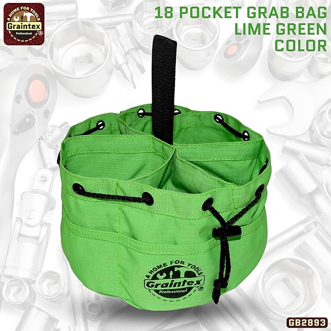 Graintex 18 Pockets Grab Bag Rip-stop Canvas Drawstring Closure, Small Part Organizer Pouch, Small Tools, Screws, Parts, Parachute Tool Bag for Efficient Storage - Lime Green