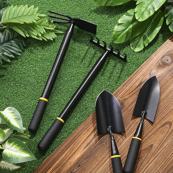 4 Pcs Garden Tool Set Gardening Trowel Transplanting Shovel Hand Cultivator Rake Hoe Tiller Tool Heavy Duty Stainless Steel for Outdoor Patio Use Gardening Cultivating Loosening Weeding