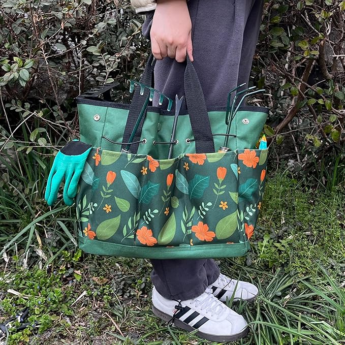 Garden Tool Bag, Portable Garden Tote Bag with Handle, Oxford Garden Tool Organizer Bag, Ideal Gardening Gifts for Wife and Parents, Tools Not Included(Green Flower)