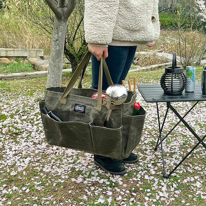 Portable Garden Camping Tool Storage Bag,Waxed Canvas Firewood Carrier Tote bag,Collapsible Sturdy Garden Basket Great for Women, Gardener, Electrician, Repairer(Army Green)
